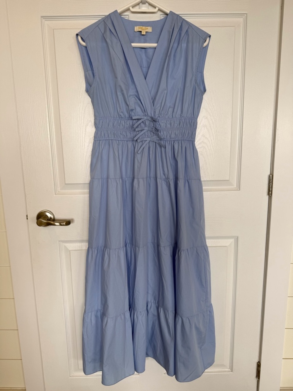 Rebellion Light Blue Sleeveless Tiered Maxi Dress Smocked Waist Tie Detail